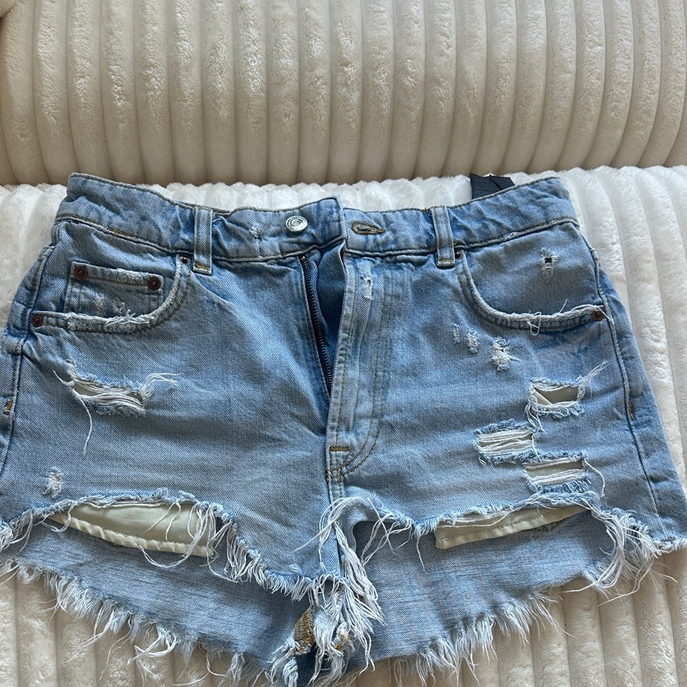 Zara Light Blue Distressed Jean Shorts